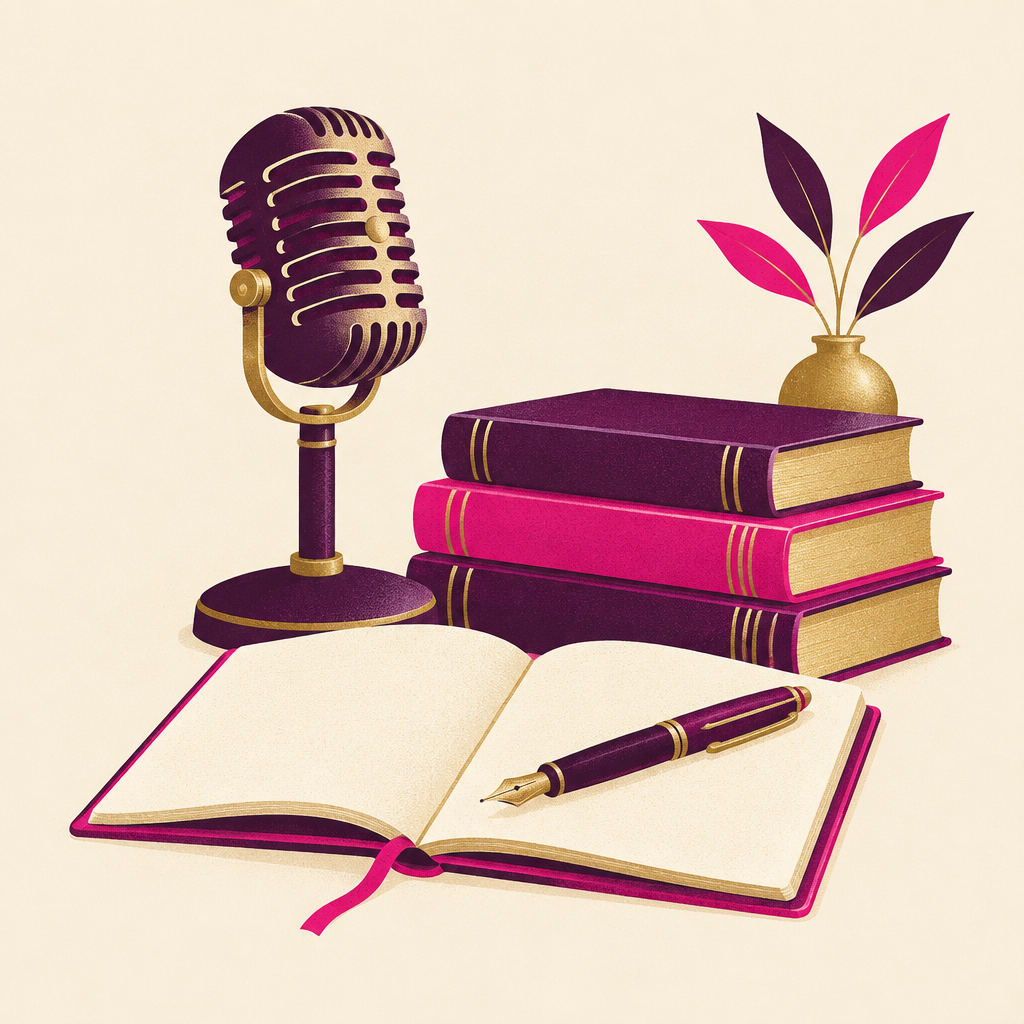 Illustration of a microphone, an open journal, and books