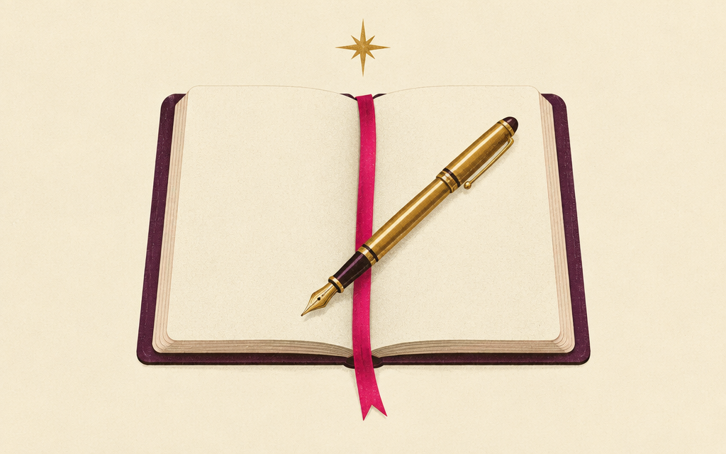 Illustration of an open plum journal with blank pages, a gold fountain pen, and a magenta ribbon bookmark