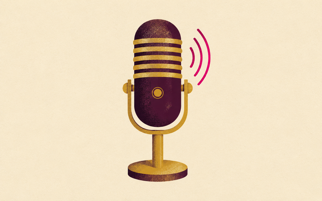 Illustration of a plum studio microphone with gold accents and a magenta soundwave, on a cream background